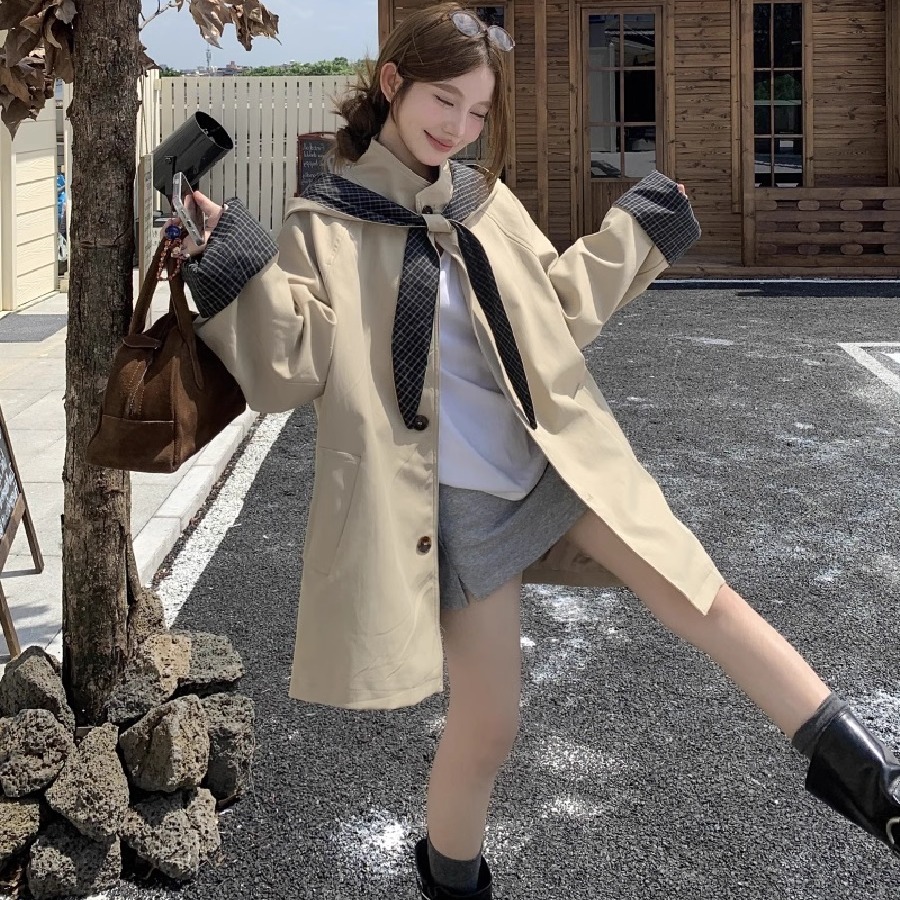 英伦风撞色格子连帽披肩风衣外套