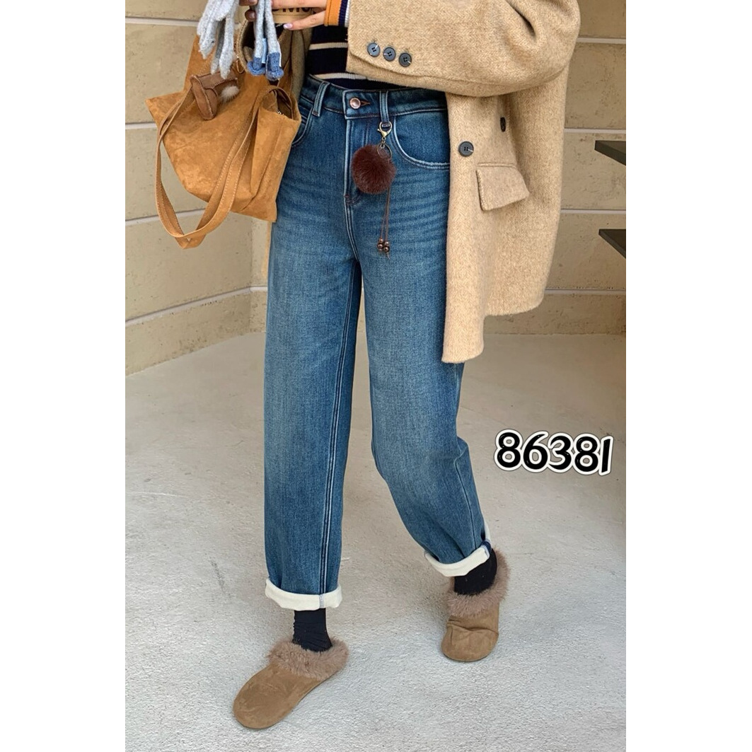 十米菲86381冬款新品简洁时尚百搭高腰显瘦女款植绒牛仔哈伦垮裤