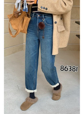 十米菲86381冬款新品简洁时尚百搭高腰显瘦女款植绒牛仔哈伦垮裤