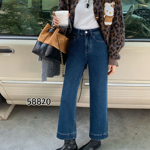 安绮斯58820冬款新品简洁时尚宽松高腰九分植绒牛仔阔腿裤