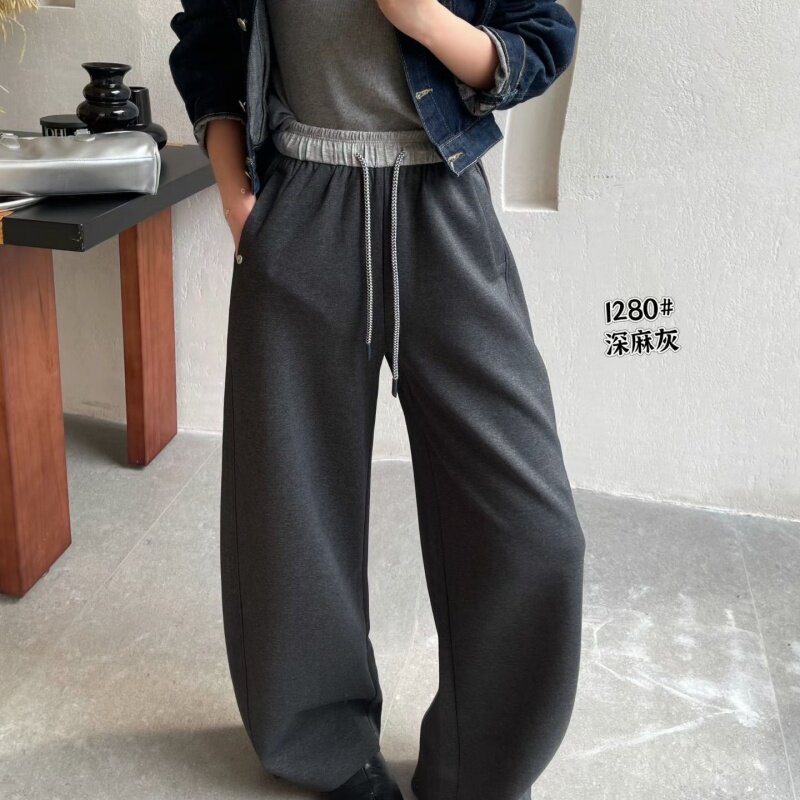 谜点1280新品松紧腰时尚百搭通勤风宽松直筒休闲弯刀裤