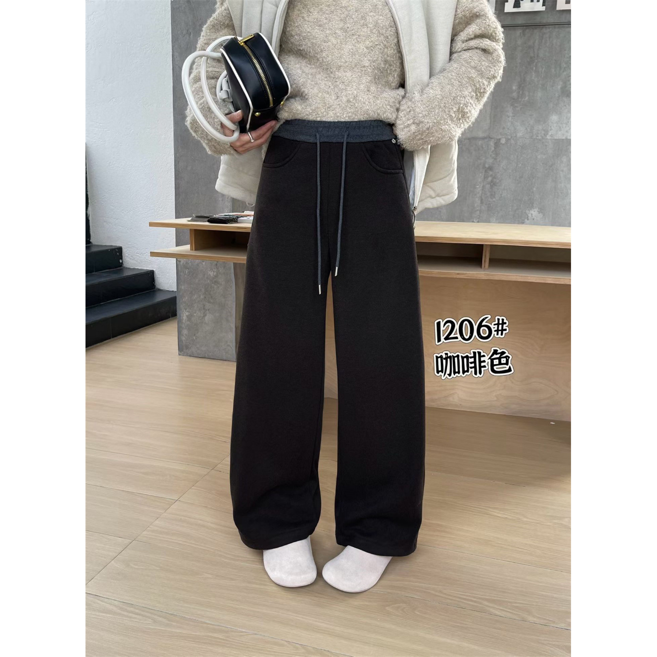 谜点1206冬款新品松紧腰简洁宽松时尚百搭女士加绒加厚休闲拖地裤