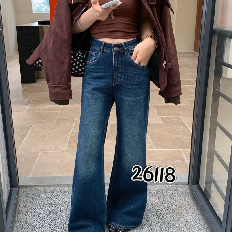 小松菜26118新品2026秋款简洁百搭宽松牛仔阔腿喇叭裤图片