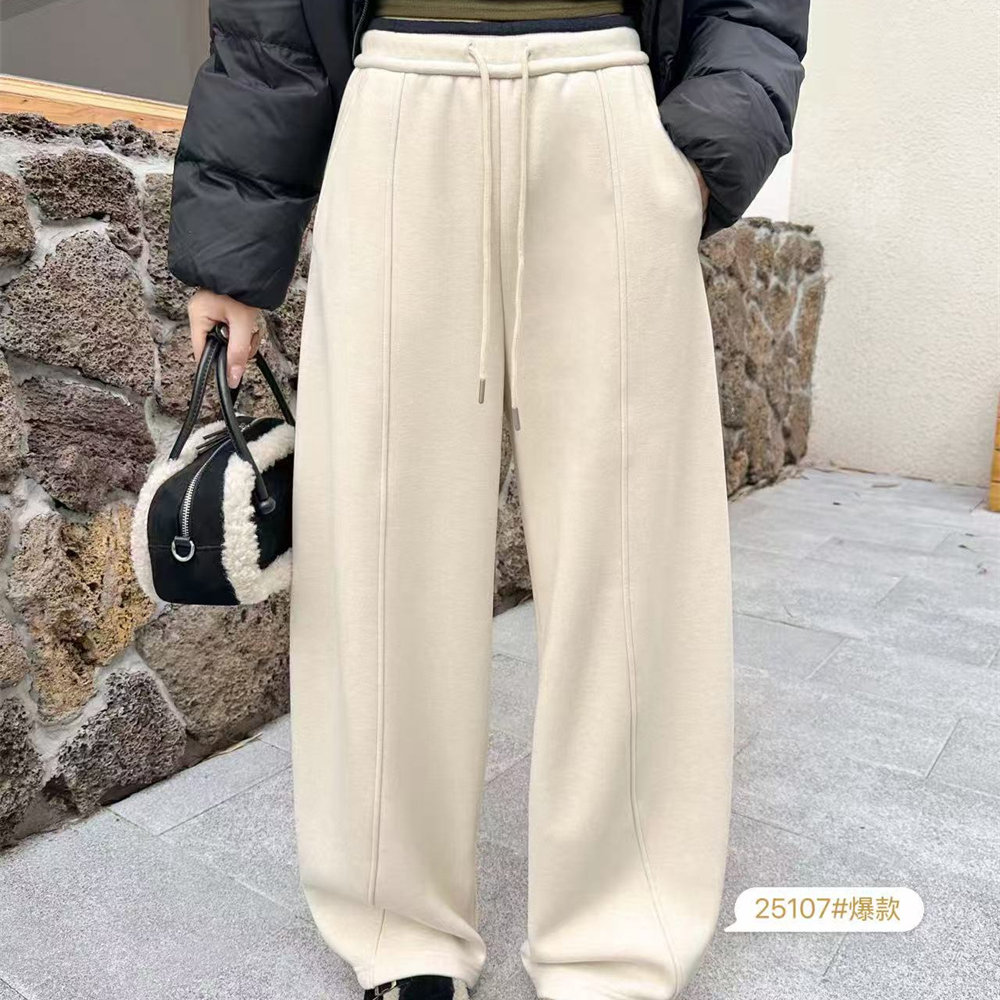 谜尚西子25107冬款新品松紧腰时尚百搭宽松加绒加厚直筒弯刀裤