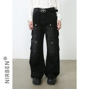 nirben牛仔|美式复古工装裤男牛仔裤高街宽松直筒设计感阔腿长裤