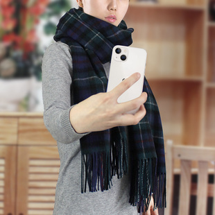 时尚苏格兰格子羔羊绒围巾女秋冬季保暖羊毛披肩两用加厚百搭蓝色