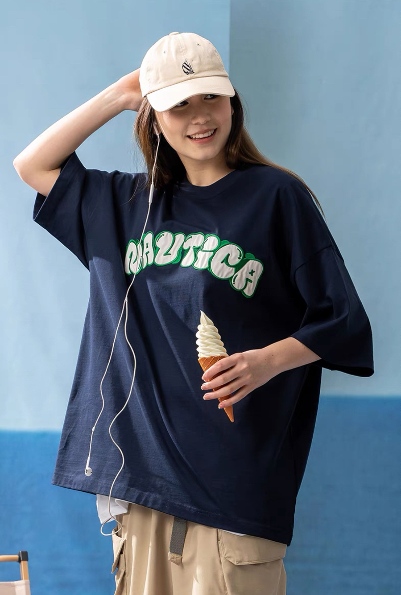 thumbnail for Hasegawa supervised the production of Japanese white sail branch line Japanese letter patch embroidery graffiti outline short-sleeved T-shirt couple style