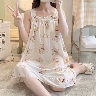 新款夏天睡裙女中长款冰丝家居服甜美简约薄款宽松加大春夏季睡衣