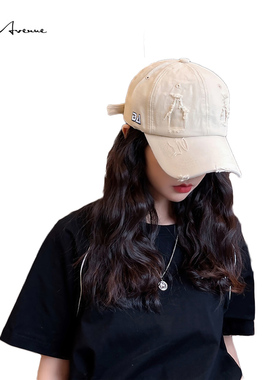 Bure Avenue做旧破洞黑色棒球帽子夏天个性潮纯色嘻哈遮阳鸭舌帽