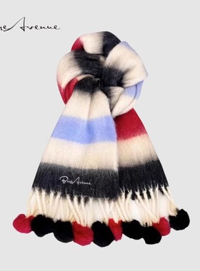 Bure Avenue彩色条纹围巾冬季女款马海毛多巴胺兔毛毛球保暖围脖