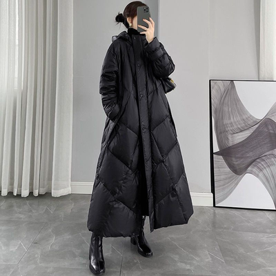 2024新款冬季超长款羽绒棉服女黑色连帽过膝棉衣外套宽松加厚棉袄