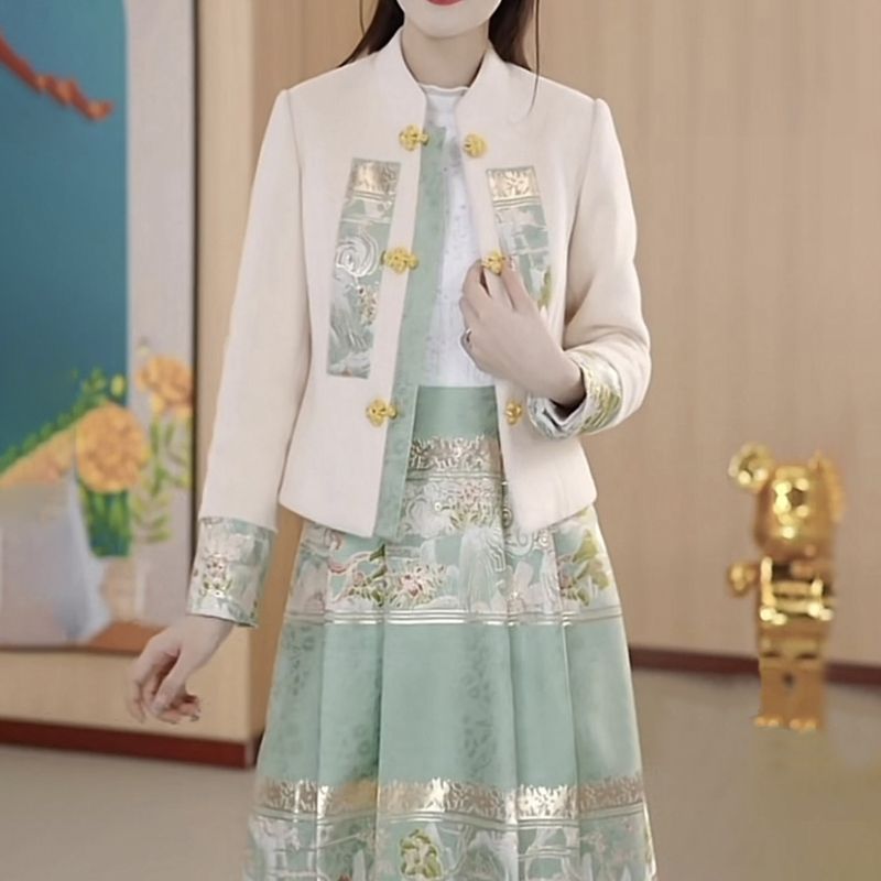 两件套小香风连衣裙女2024春秋新款马面裙遮肉西装外套显瘦套装裙