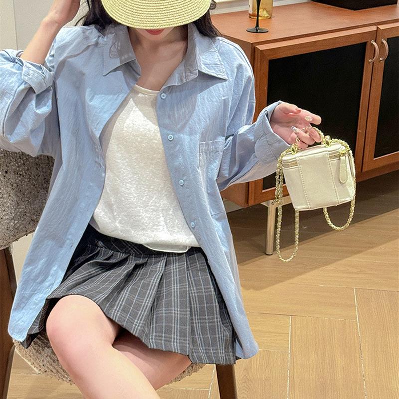 夏季宽松慵懒风砂洗纯棉长袖女夏季衬衫蓝色高级感小众薄外套上衣