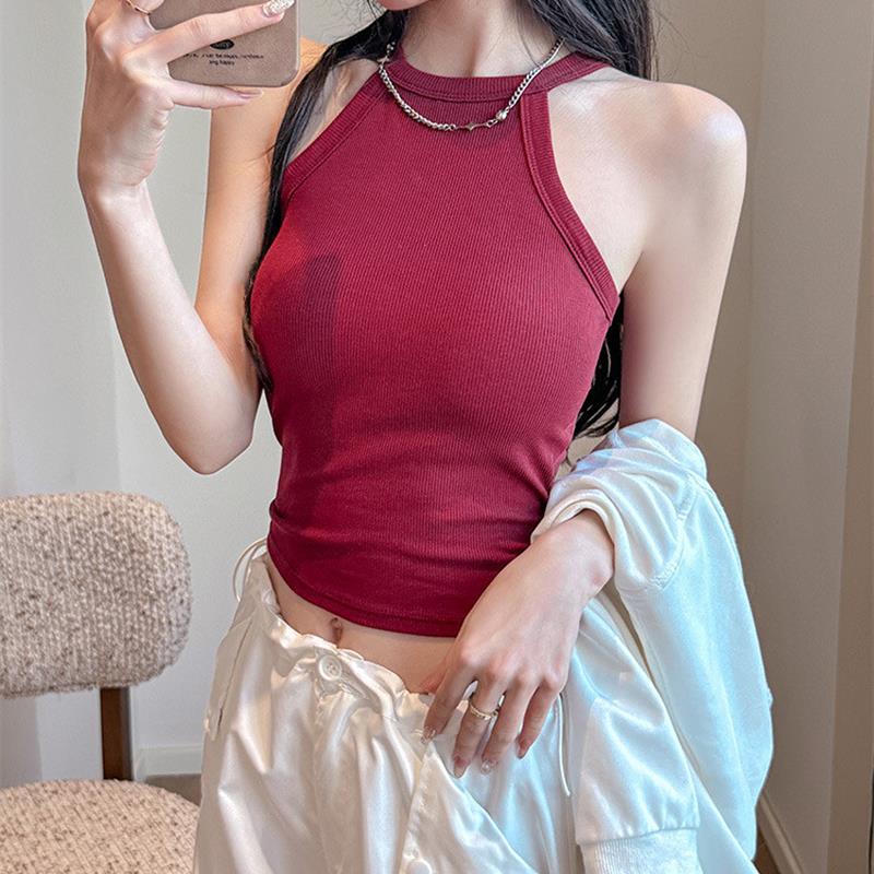 夏季新款挂脖式设计感小众吊带背心女带胸垫一体式遮副乳无袖上衣