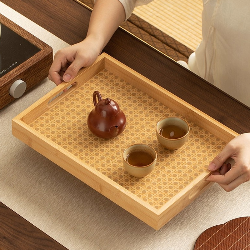 日式竹木提手托盘长方形茶盘