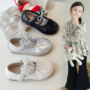 女童皮鞋2025新款秋季公主鞋子银色软底儿童单鞋配裙子女孩小皮鞋
