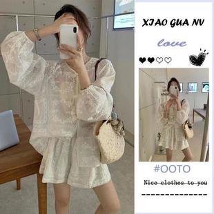 新中式国风设计感套装镂空刺绣上衣时尚洋气百搭短裤子两件套新款