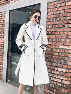 秋冬英伦赫本风加厚修身 白色过膝毛呢外套女中长款 黑色双排扣大