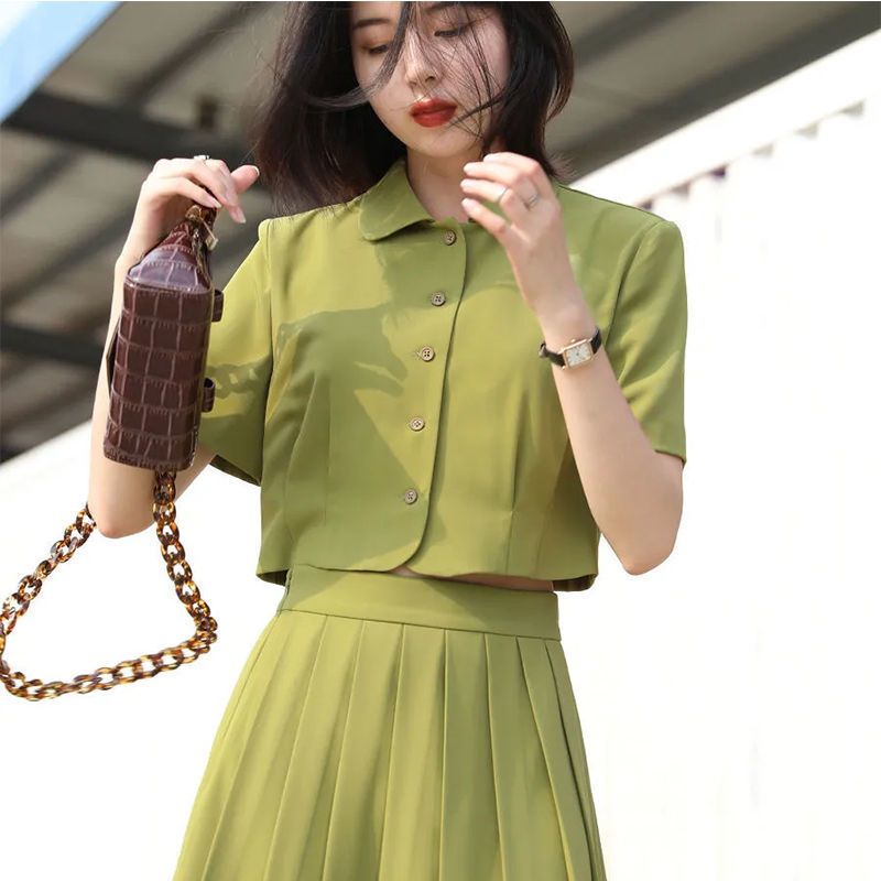 法式复古减龄学院风POLO领短袖衬衫+百褶半身裙套装女夏