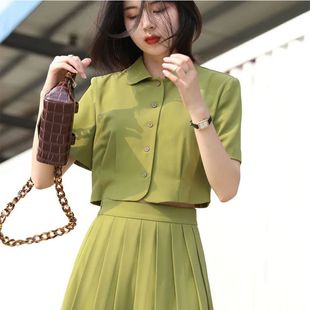 法式复古减龄学院风POLO领短袖衬衫+百褶半身裙套装女夏