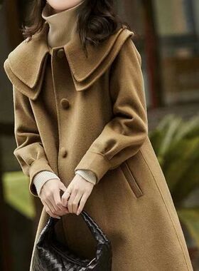 外套女新款双面毛呢大衣红色显瘦减龄娃娃领双层领中长款大衣