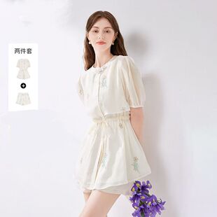 温柔气质套装夏季新款女装小众高级圆领衬衫短裤两件套