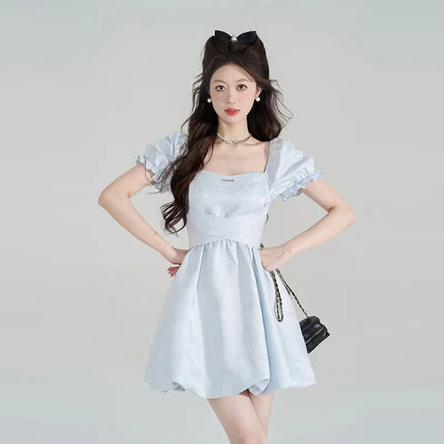 提花蓝色法式方领连衣裙女夏季