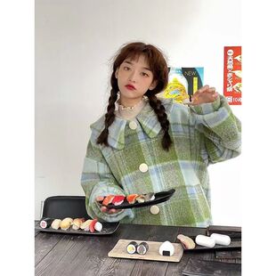 蝴蝶结绿格子毛呢外套女冬季小清新日系中长款毛呢子女款大衣chic