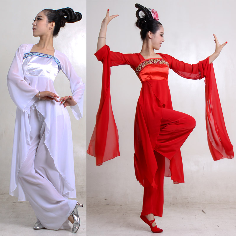 2024新款铜雀台舞蹈服装/表演出服装大红色/白色高腰民族长袖水袖