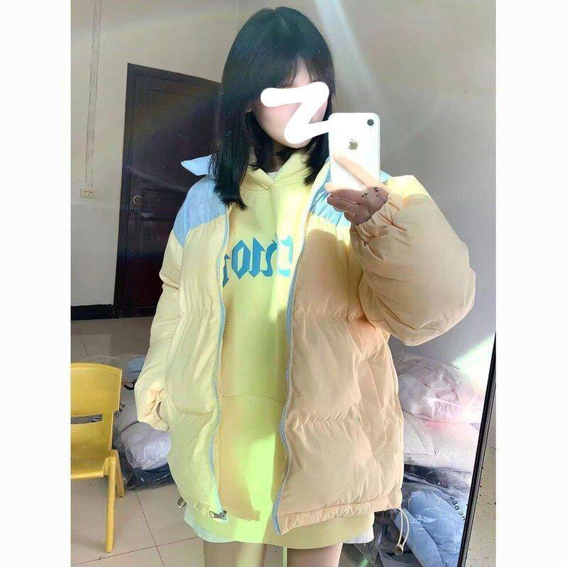 ins韩版复古撞色拼接棉服外套女款冬季新款宽松加厚保暖面包棉袄