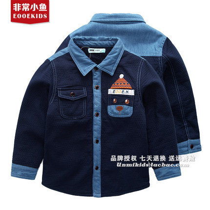 非常小鱼深秋装27839男童绒里双层加厚衬衫外套休闲牛仔加绒舒适