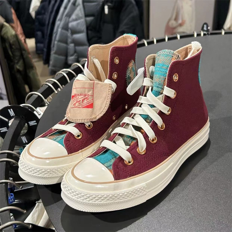 匡威1970S秋冬新款毛呢格子拼接酒红男女休闲高帮帆布鞋 A12452c