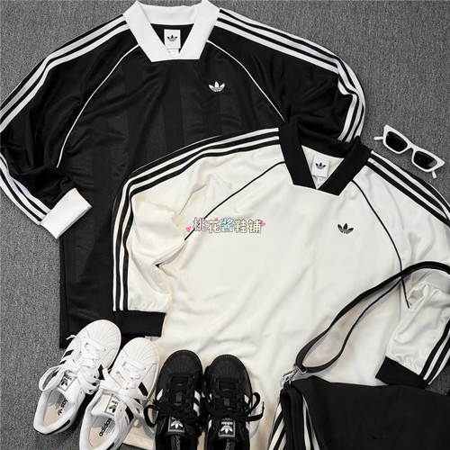 Adidas三叶草26年春季女子V领提花黑白宽松长袖T恤KG3711 KD2897