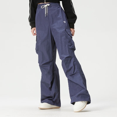 Adidas三叶草26年春夏女蓝色宽松运动休闲梭织长裤KT3058 KT3059