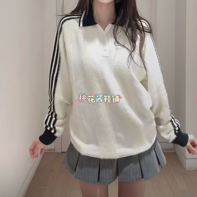 Adidas三叶草25冬季男女条纹翻领POLO衫针织套头衫 JX3836 JX3835