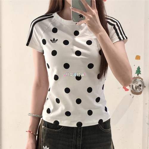 Adidas三叶草26年夏季女子经典波点运动修身短袖T恤KV1192 KV1193