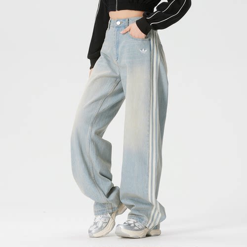Adidas三叶草26年春季女深蓝浅蓝复古运动牛仔长裤KW2093 KW2094