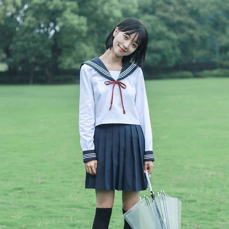 三本日本制服班服百褶裙款正统绀色水手服学生装JK校服长裙白基础