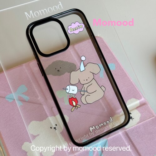 MoMood烤棉花糖小狗闪粉黑边亚克力透明手机壳适用苹果iPhone16ProMax防摔高透硬壳韩国ins风高级感