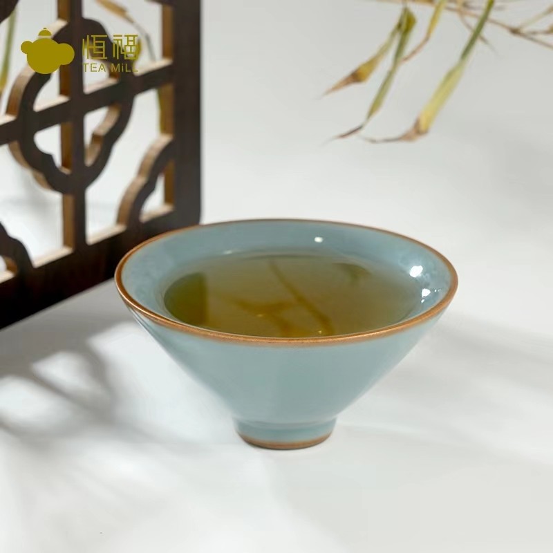 恒福正品哥窑冰裂纹茶杯斗笠杯（天蓝）景德镇陶瓷主人杯礼盒装