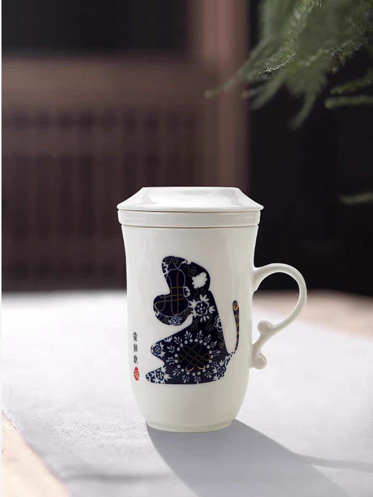 恒福正品十二生肖杯过滤茶杯青花瓷办公杯家用泡茶杯马克杯