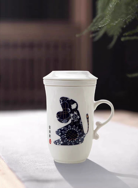 恒福正品十二生肖杯过滤茶杯青花瓷办公杯家用泡茶杯马克杯