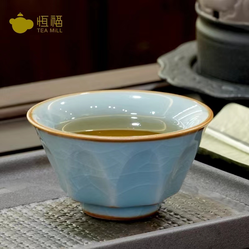 恒福正品哥窑方圆杯（天蓝）冰裂纹功夫茶杯主人单杯礼盒装包邮