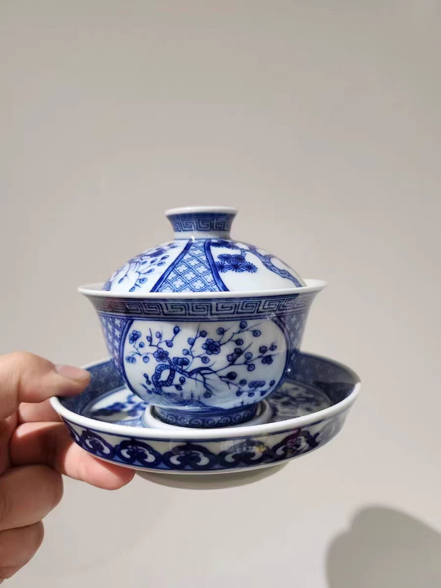 恒福青花盖碗大容量三才碗单杯主人杯古风中国风仿古寿桃童趣宝相