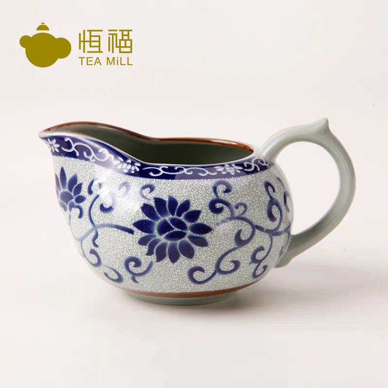 恒福正品功夫茶具青花公道杯茶水分离杯陶瓷花形茶海茶道零配件