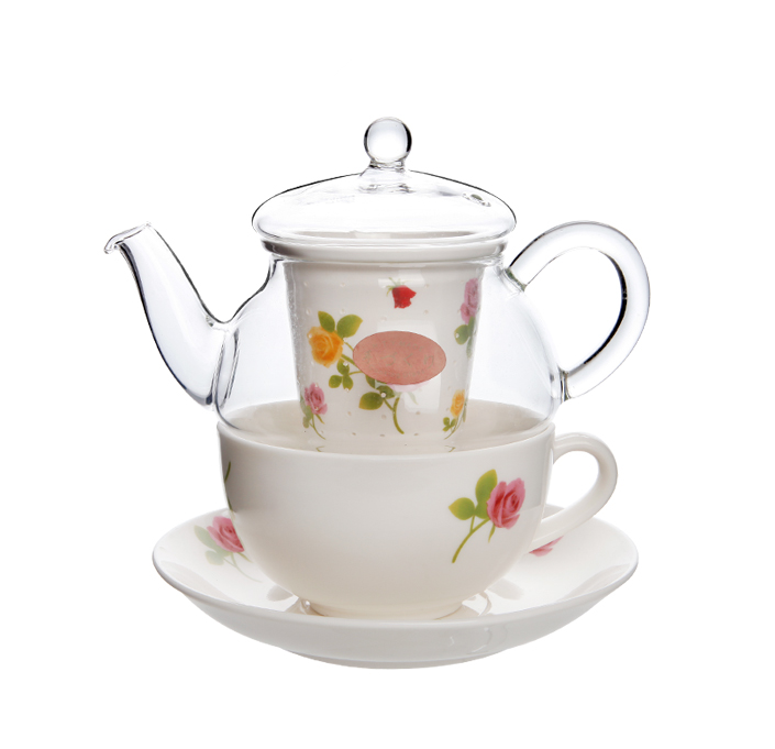 恒福茶具玻璃陶瓷休闲组高硼硅水壶玻璃花茶茶壶一壶一杯茶水分离
