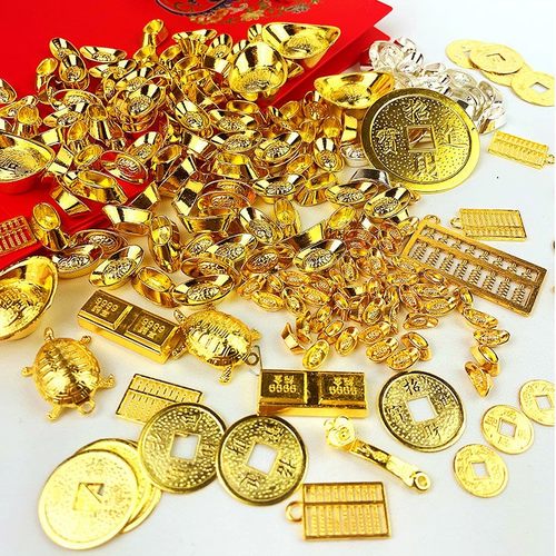 替代币摇钱发财树DIY材料包黄水晶合金币铜钱招财进宝迷你小元宝