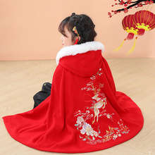 女童原创汉服斗篷刺绣外套秋冬季加厚连帽披风加绒中国红古典披肩