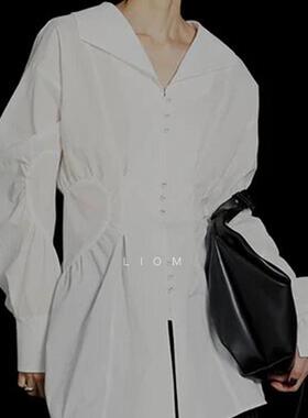 2025春季新款日系小众设计感收腰长款爱心元素别致小翻领衬衫女