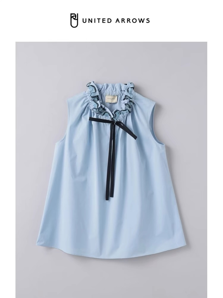 日本夏季新款日系小众欧根纱花边领系绳无袖衬衫